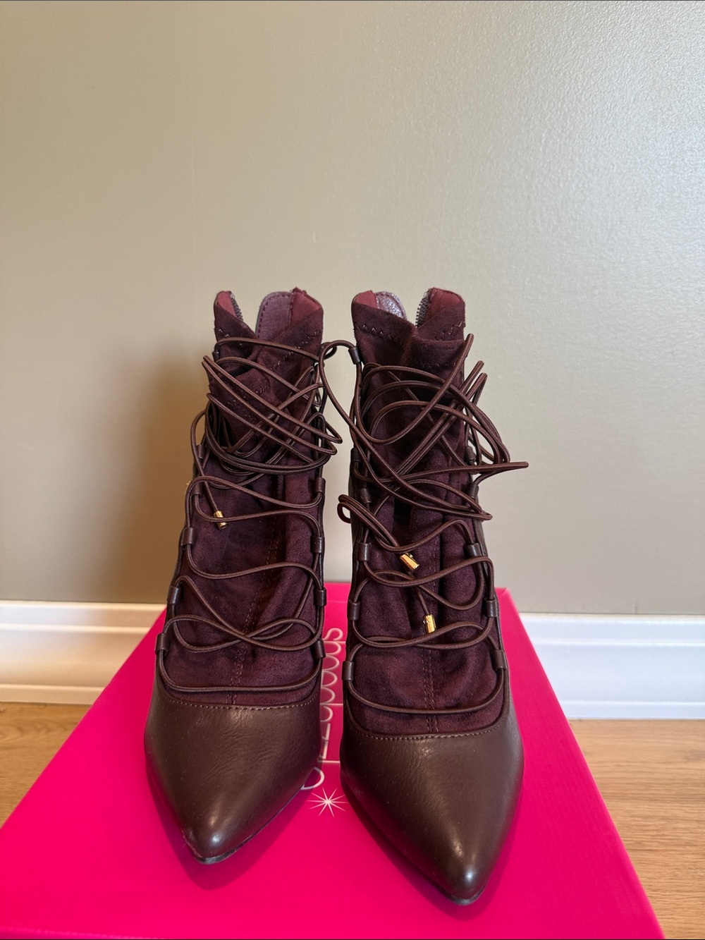 Shoe Dazzle Burgundy Lace-Up Pointed Ankle Boots